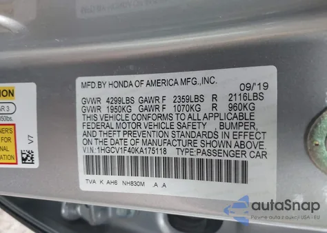 2019 Honda Accord Ex z USA, uszkodzony, nr VIN 1HGCV1F40KA175118